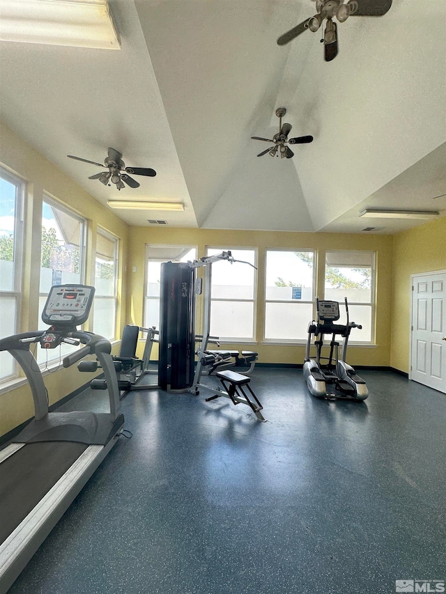 gym featuring lofted ceiling and a textured ceiling