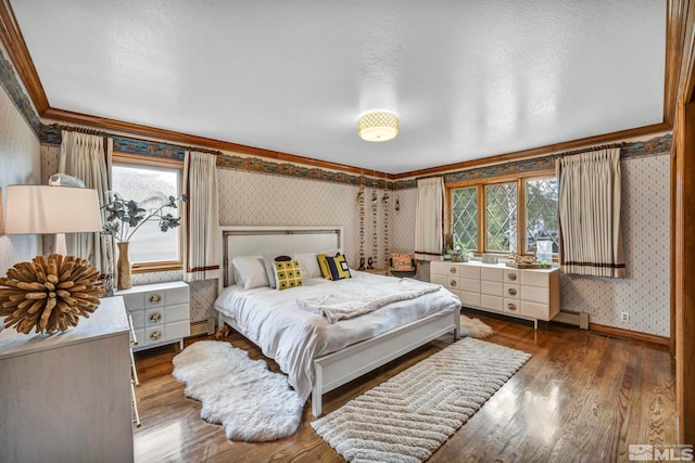 bedroom with wood-type flooring, a textured ceiling, ornamental molding, and multiple windows