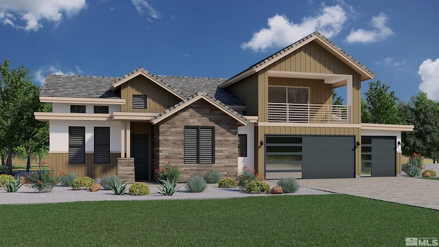 view of front of house featuring a balcony, a garage, and a front lawn