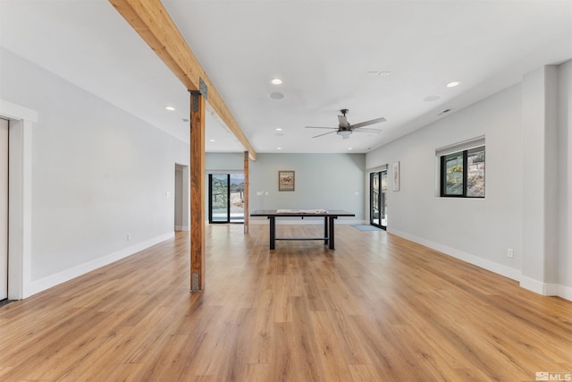 recreation room with baseboards, recessed lighting, a ceiling fan, beam ceiling, and light wood-style floors