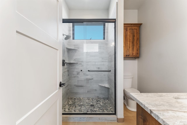 full bath featuring toilet, vanity, and a shower stall