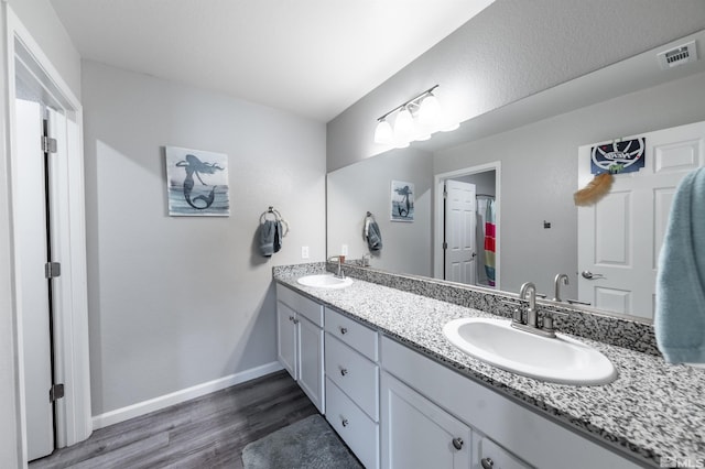 bathroom with vanity and hardwood / wood-style flooring