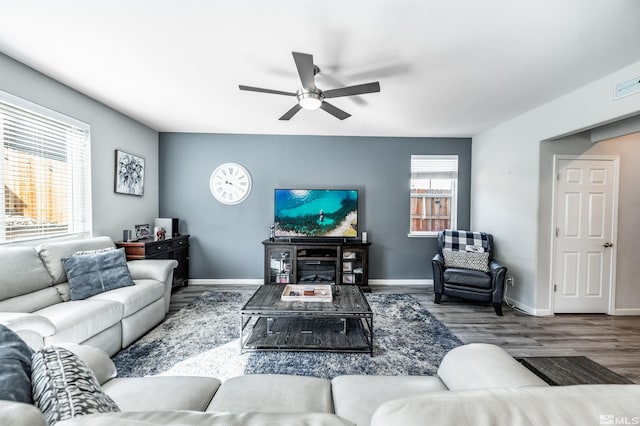 living room with ceiling fan, hardwood / wood-style floors, and a wealth of natural light