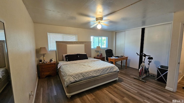 bedroom featuring ceiling fan, a closet, and dark hardwood / wood-style floors