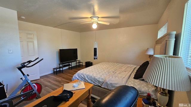 bedroom featuring dark hardwood / wood-style flooring and ceiling fan