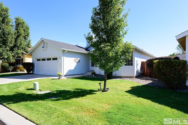 ranch-style home with a front lawn and a garage