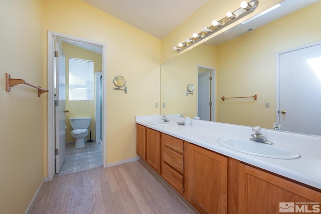 bathroom with vanity, toilet, and hardwood / wood-style flooring