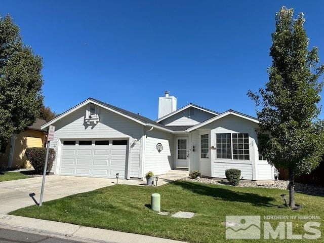 single story home featuring a front lawn and a garage