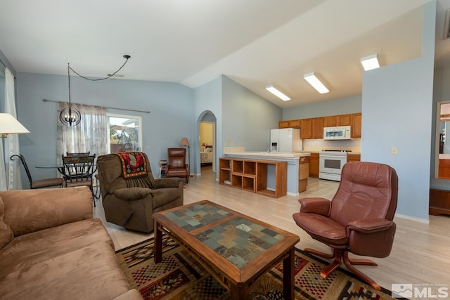 living room with lofted ceiling and light hardwood / wood-style floors