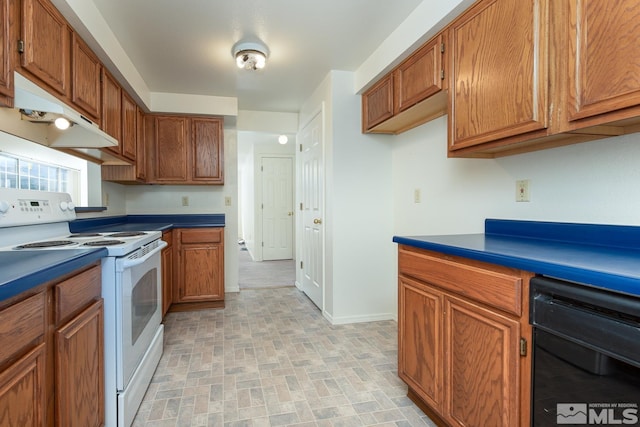 kitchen featuring white electric stove and black dishwasher