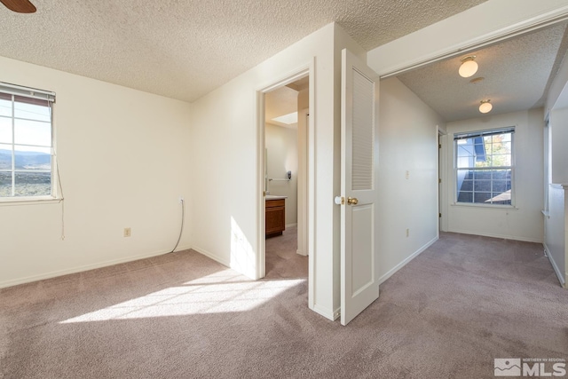 interior space with a textured ceiling and light colored carpet