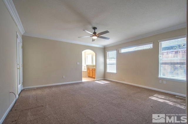 carpeted empty room with ceiling fan and ornamental molding