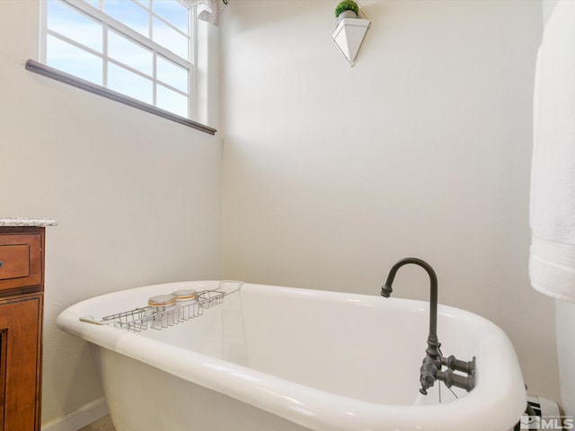 bathroom featuring vanity and a washtub