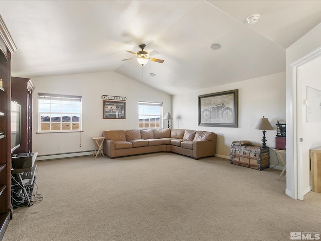 carpeted living room featuring a baseboard heating unit, vaulted ceiling, and ceiling fan