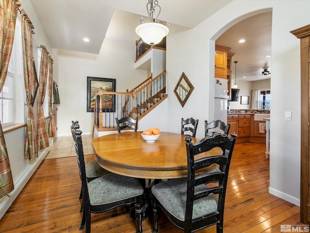 dining room with ceiling fan and light hardwood / wood-style floors