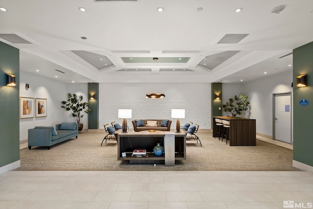 carpeted living room featuring coffered ceiling