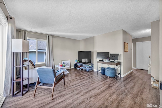 living room with a textured ceiling and hardwood / wood-style floors