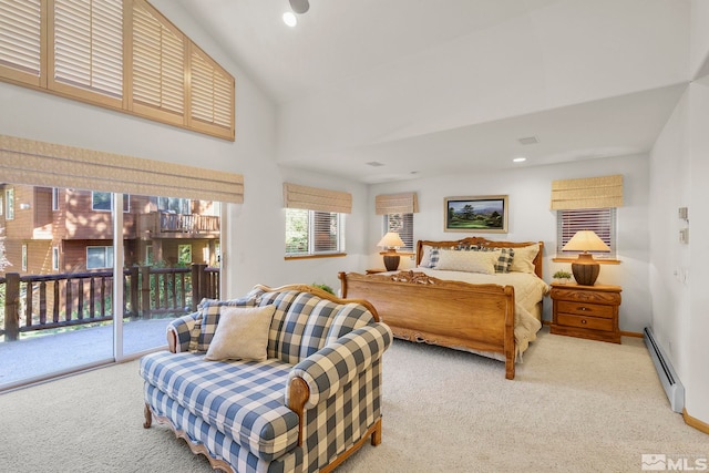 bedroom with a baseboard radiator, lofted ceiling, light colored carpet, and access to outside