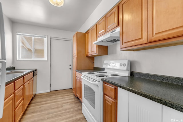 kitchen featuring light hardwood / wood-style floors, sink, white range with electric cooktop, and dishwasher