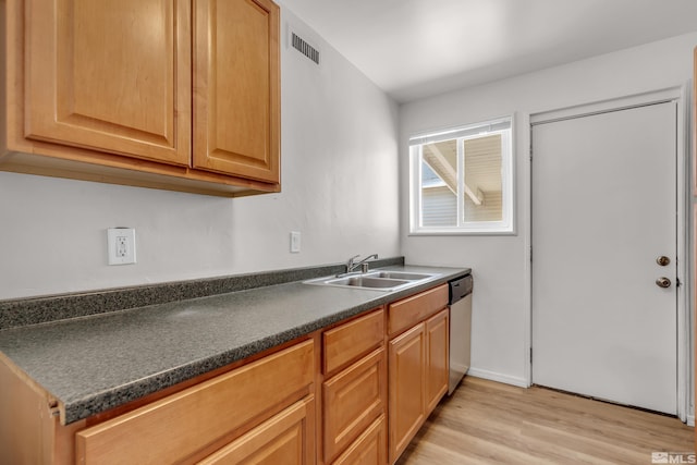 kitchen with light hardwood / wood-style floors, sink, and stainless steel dishwasher