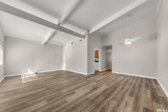 unfurnished living room featuring beamed ceiling, hardwood / wood-style flooring, high vaulted ceiling, and ceiling fan