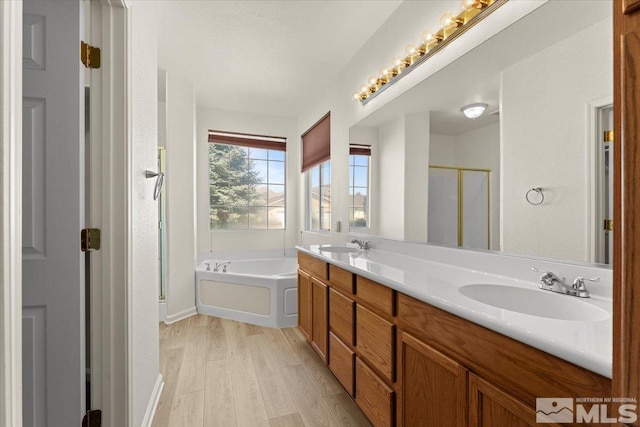 bathroom featuring wood-type flooring, vanity, and shower with separate bathtub