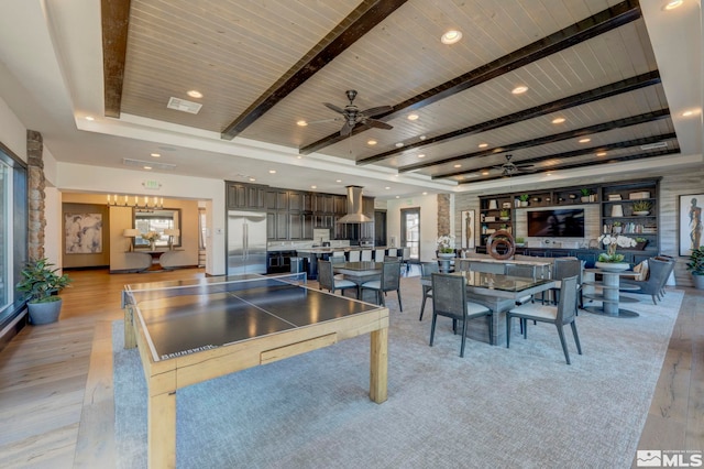 dining space with light wood-type flooring, wood ceiling, beamed ceiling, and ceiling fan