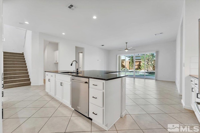 kitchen featuring white cabinetry, dishwasher, ceiling fan, and sink