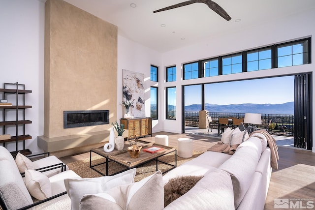 living room with a premium fireplace, a healthy amount of sunlight, light wood-type flooring, and a mountain view