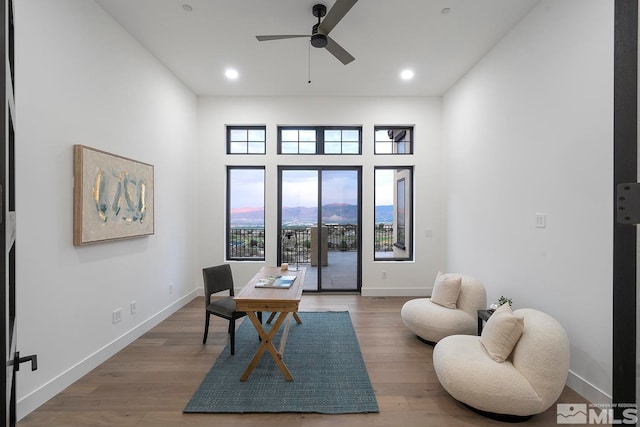 interior space with ceiling fan and hardwood / wood-style flooring