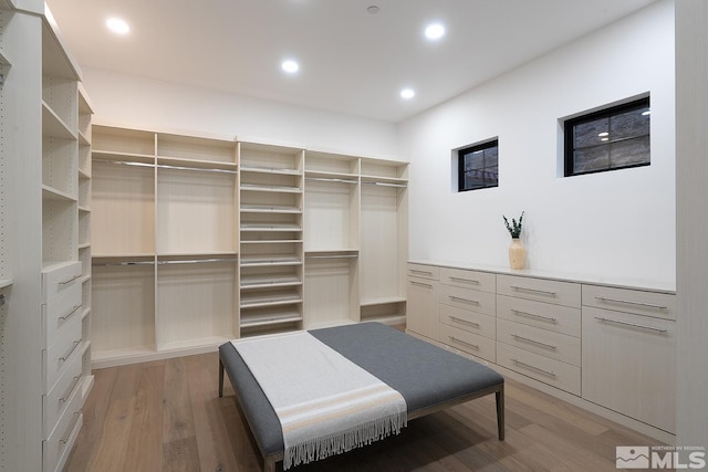 walk in closet featuring light hardwood / wood-style flooring