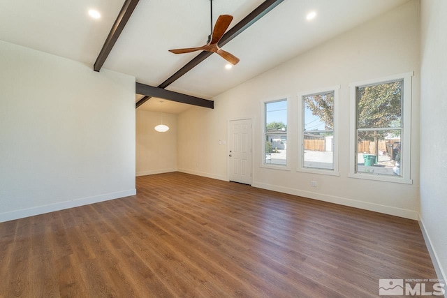 unfurnished room with ceiling fan, lofted ceiling with beams, and dark hardwood / wood-style flooring