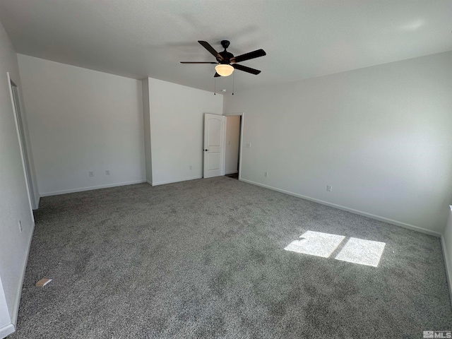 unfurnished bedroom with ceiling fan and carpet floors