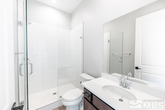 bathroom with an enclosed shower, vanity, and toilet