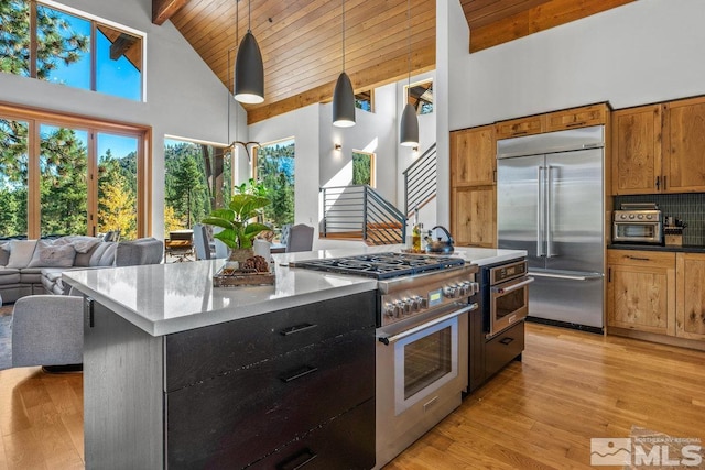 kitchen featuring high end appliances, hanging light fixtures, plenty of natural light, and a kitchen island