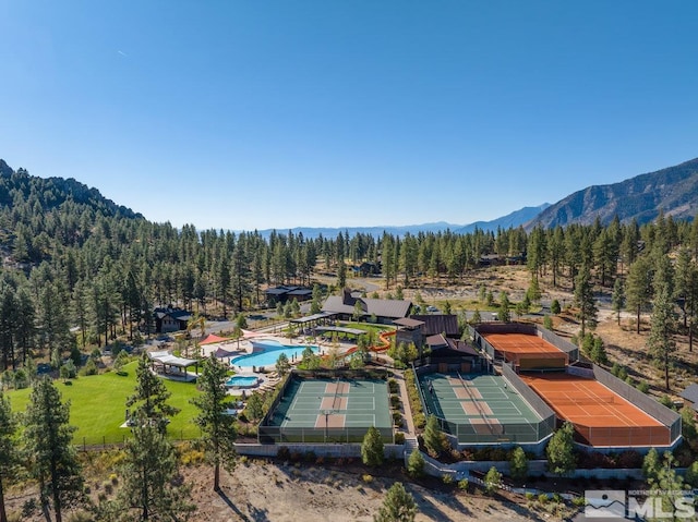 drone / aerial view featuring a mountain view