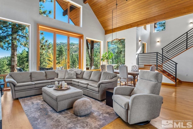 living room featuring wood ceiling, hardwood / wood-style floors, and high vaulted ceiling