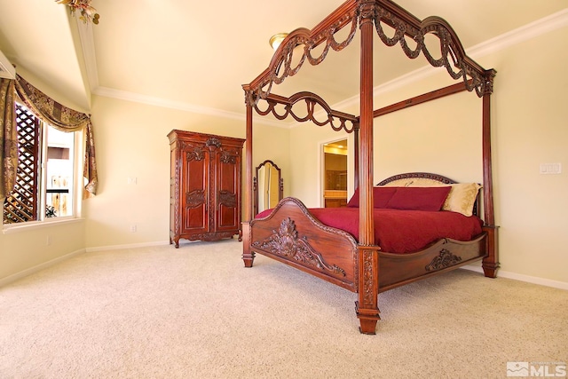 carpeted bedroom featuring ornamental molding