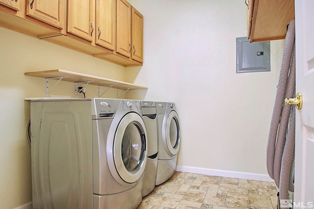 clothes washing area with electric panel, washing machine and clothes dryer, and cabinets