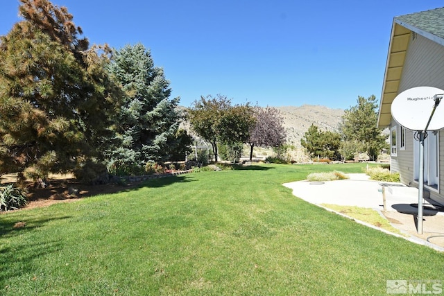 view of yard featuring a patio and a mountain view