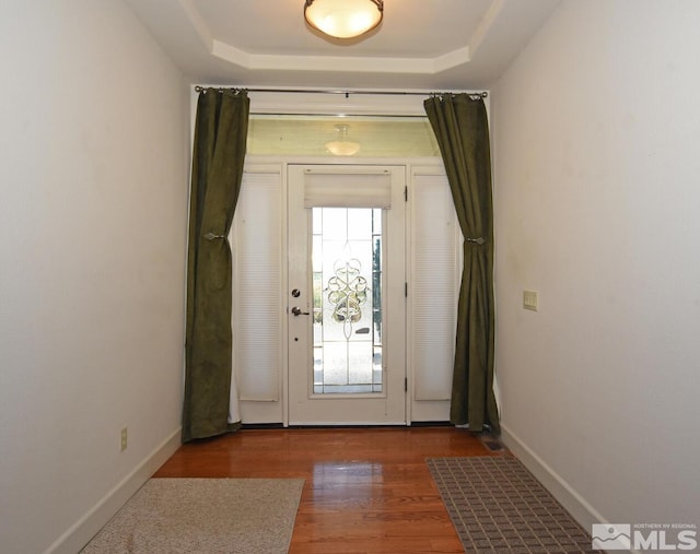 entryway with a tray ceiling and dark hardwood / wood-style floors