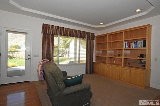 living area with a raised ceiling and dark hardwood / wood-style floors