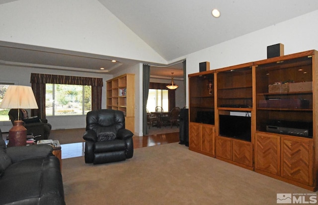 carpeted living room featuring lofted ceiling