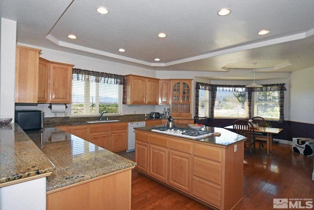 kitchen featuring a kitchen island, dark hardwood / wood-style floors, white dishwasher, and a wealth of natural light