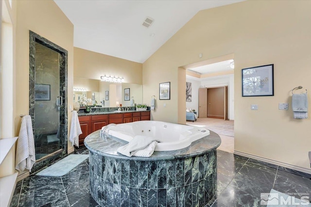 bathroom with vanity, separate shower and tub, ceiling fan, and high vaulted ceiling