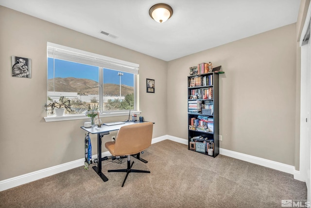 carpeted office space with a mountain view