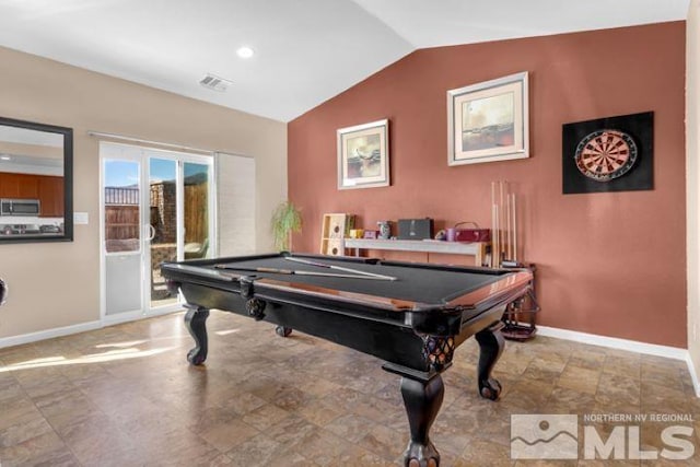 playroom featuring billiards and lofted ceiling