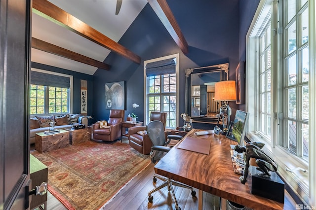 office space with vaulted ceiling with beams and hardwood / wood-style floors