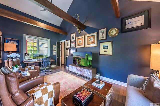 living room with vaulted ceiling with beams and wood-type flooring