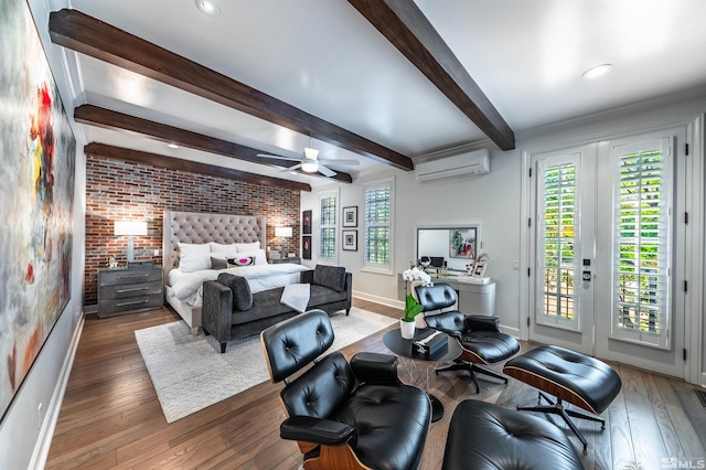 bedroom featuring beam ceiling, access to outside, a wall mounted AC, dark hardwood / wood-style flooring, and ceiling fan